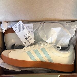 adidas White Sneakers with Light Blue Stripes and Brown Gum Sole